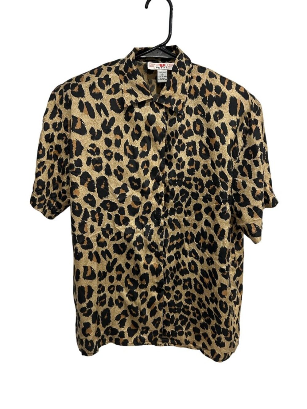 Stunt Petite Shirt Leopard Print Short Sleeve Silk Button Up Size PS Luxury